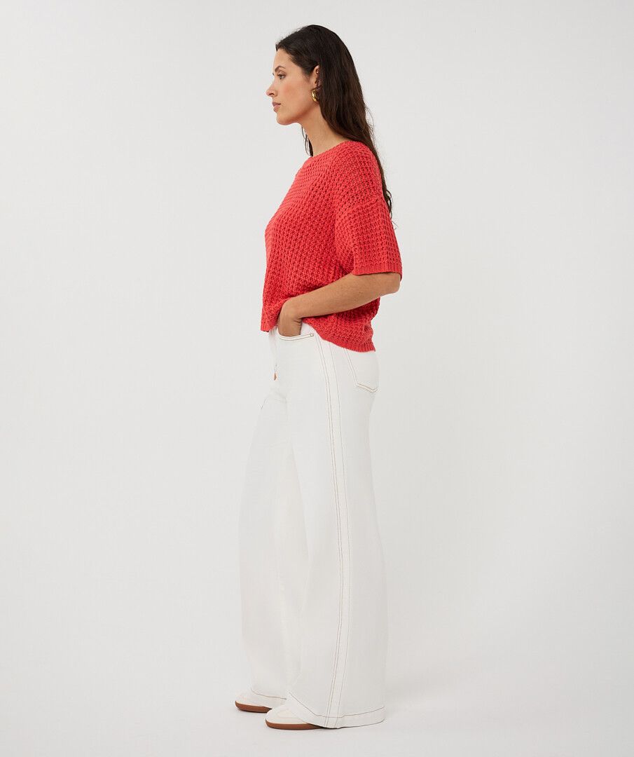 Esqualo trui korte mouw rood gehaakt model Sweater Open Knit Chili red