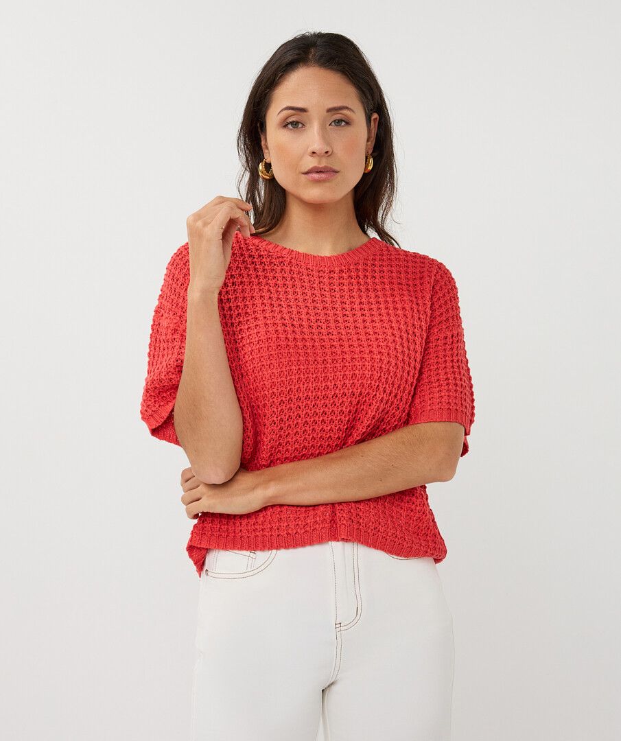Esqualo trui korte mouw rood gehaakt model Sweater Open Knit Chili red