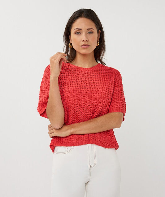 Esqualo trui korte mouw rood gehaakt model Sweater Open Knit Chili red