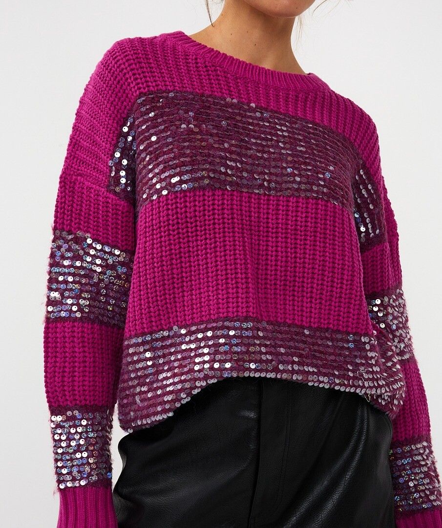 Esqualo paarse trui met strepen pailletten oversized stripes sweater maroon