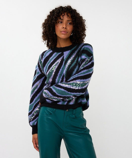 Esqualo trui lila petrol zwarte zebra print met pailetten detail model Sweater zebra multi W25.02720