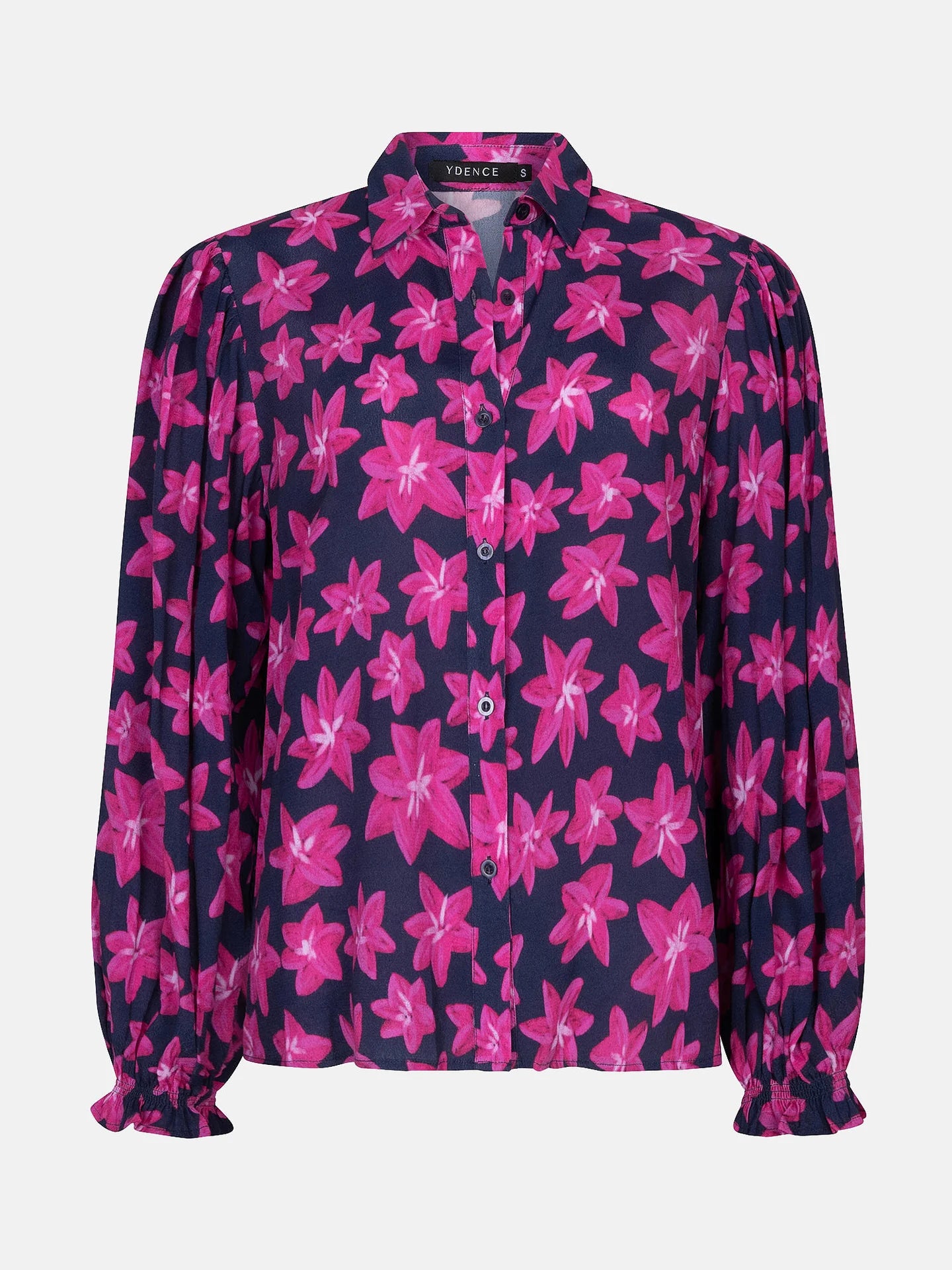 Ydence blouse donker blauw met roze bloemen print model Alyssa navy flower