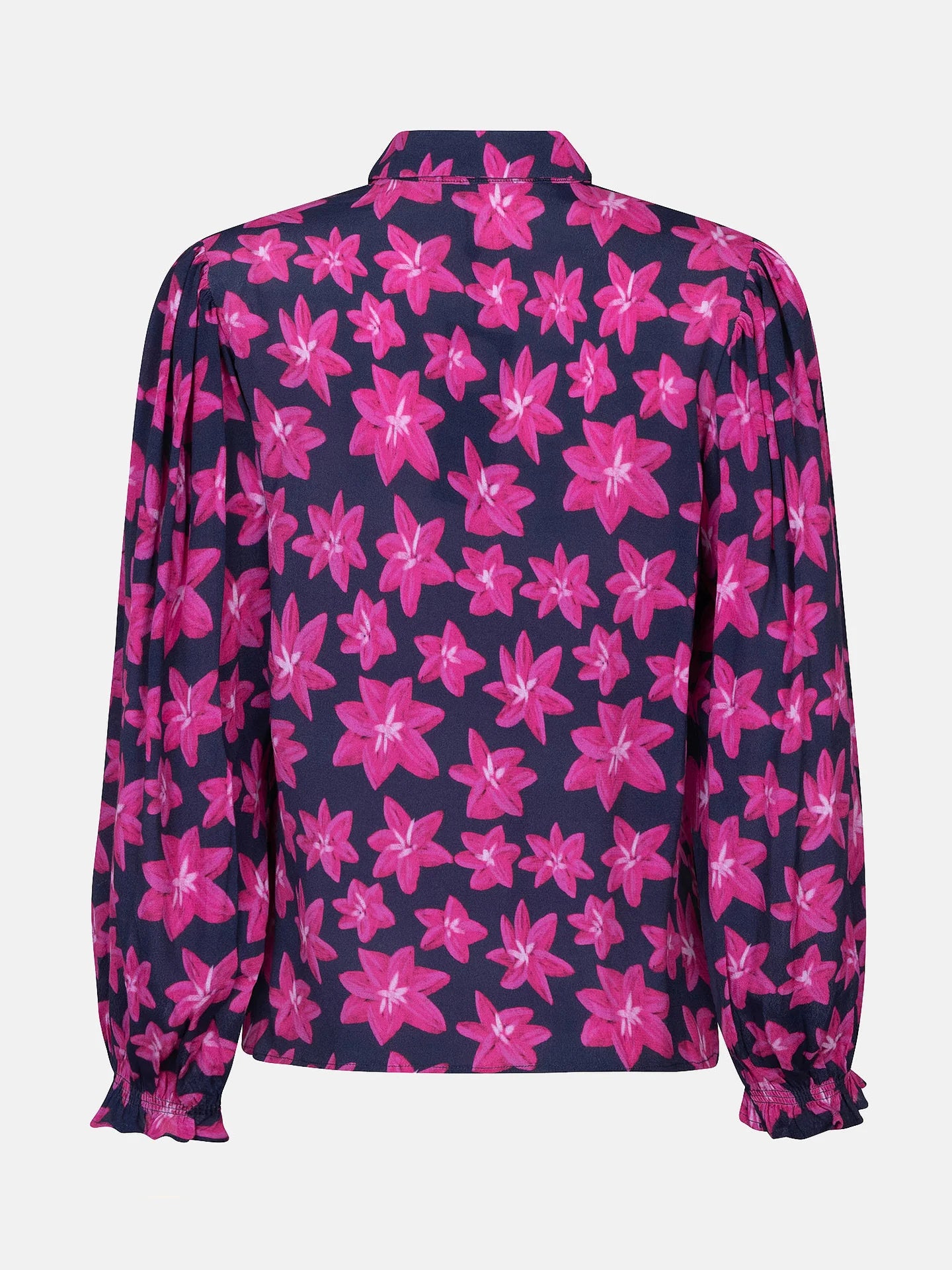 Ydence blouse donker blauw met roze bloemen print model Alyssa navy flower