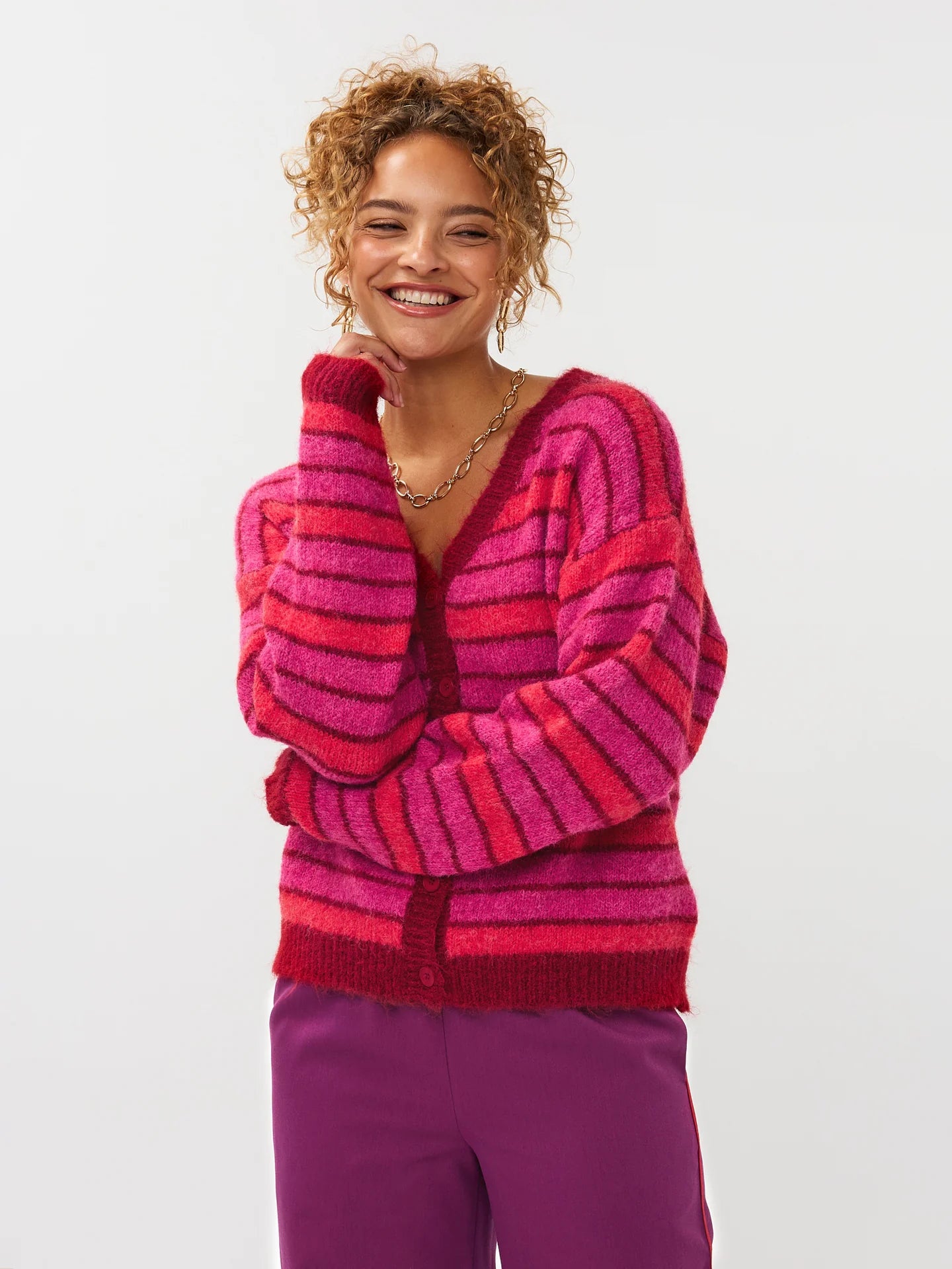 Ydence vest rood roze gestreept model Ginny cardigan fuchsia red