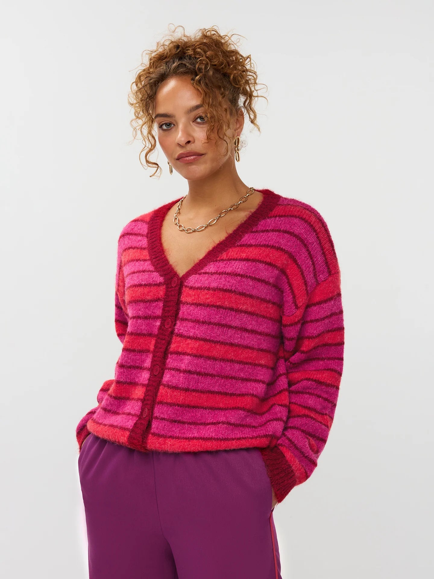 Ydence vest rood roze gestreept model Ginny cardigan fuchsia red