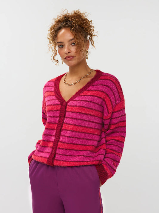 Ydence vest rood roze gestreept model Ginny cardigan fuchsia red
