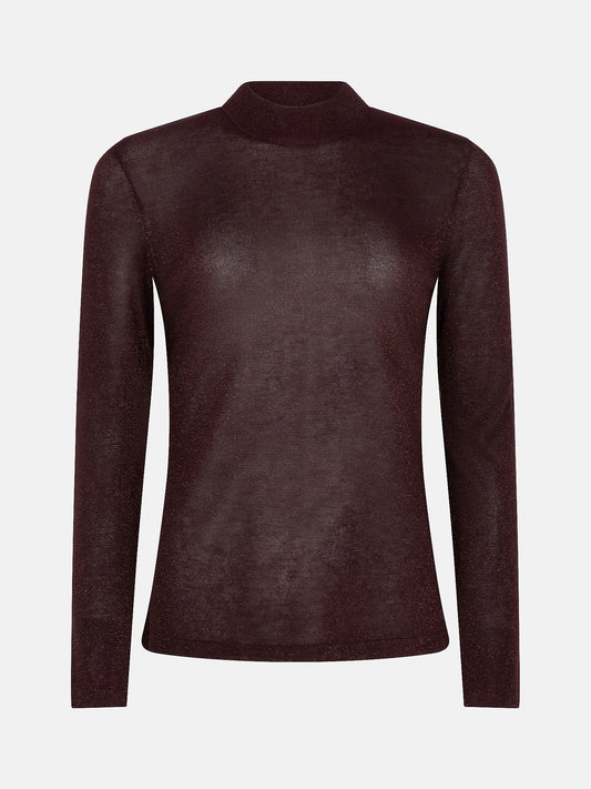 Ydence fijn gebreid licht doorschijnend met glitter bordeaux paars model Knitted Lotte top Plum