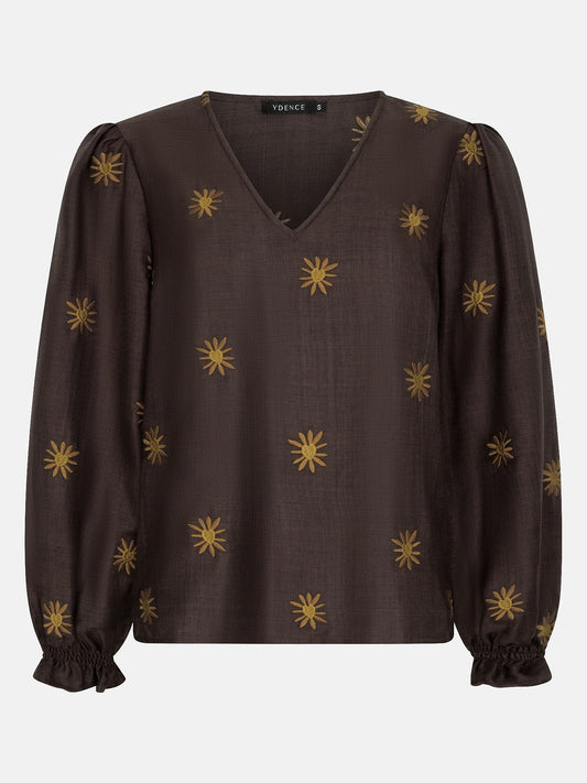 Ydence blouse bruin met olijf borduursel model Philou top Dark Brown