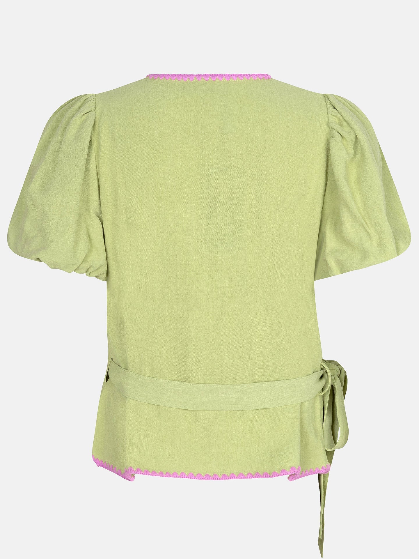 Ydence blouse wikkel groen met roze detail model Top Ellis Matcha green