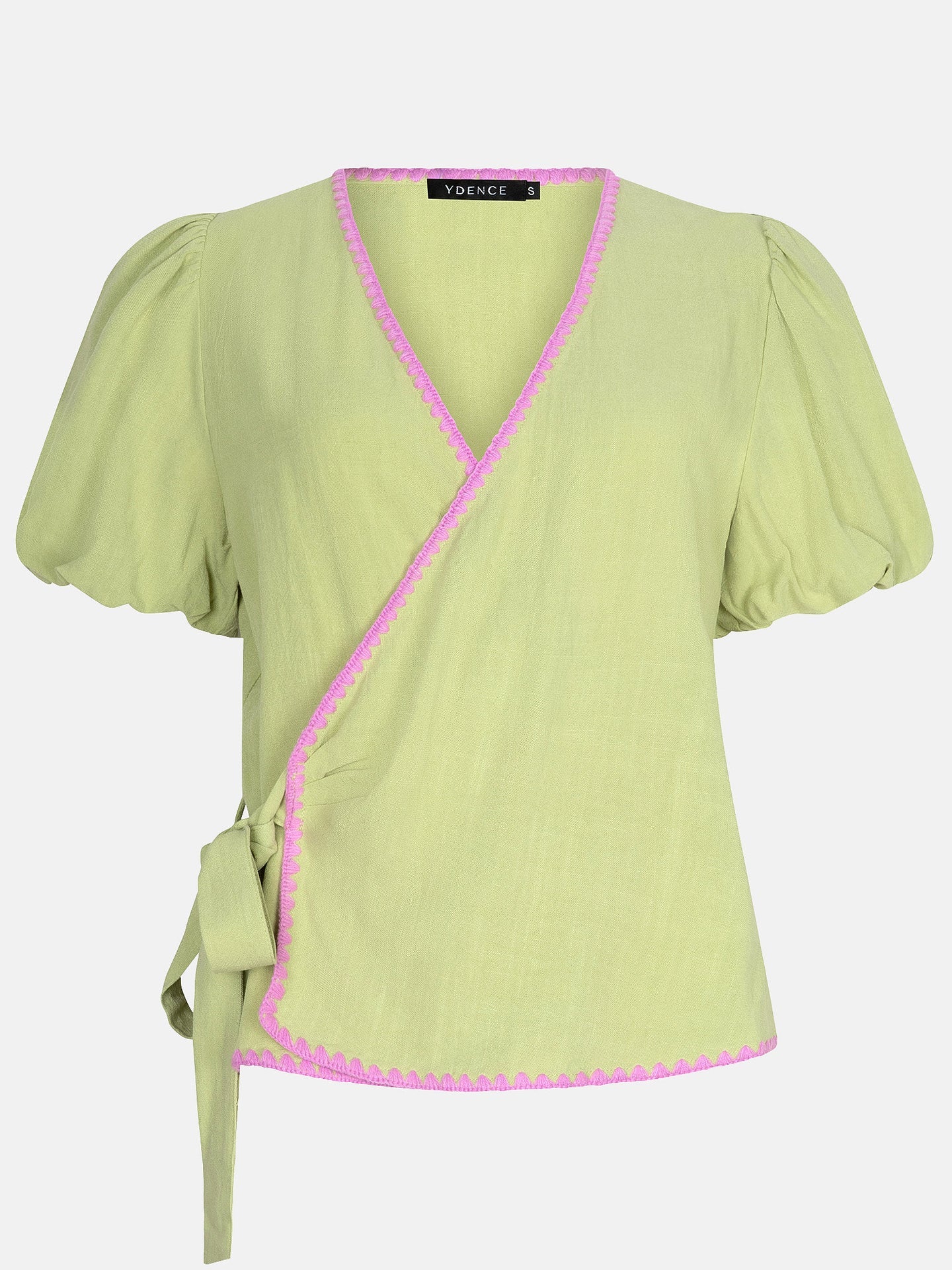 Ydence blouse wikkel groen met roze detail model Top Ellis Matcha green