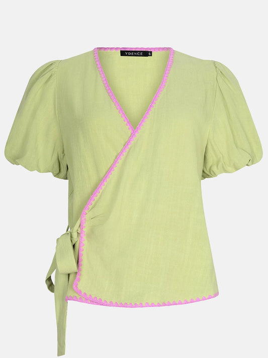 Ydence blouse wikkel groen met roze detail model Top Ellis Matcha green