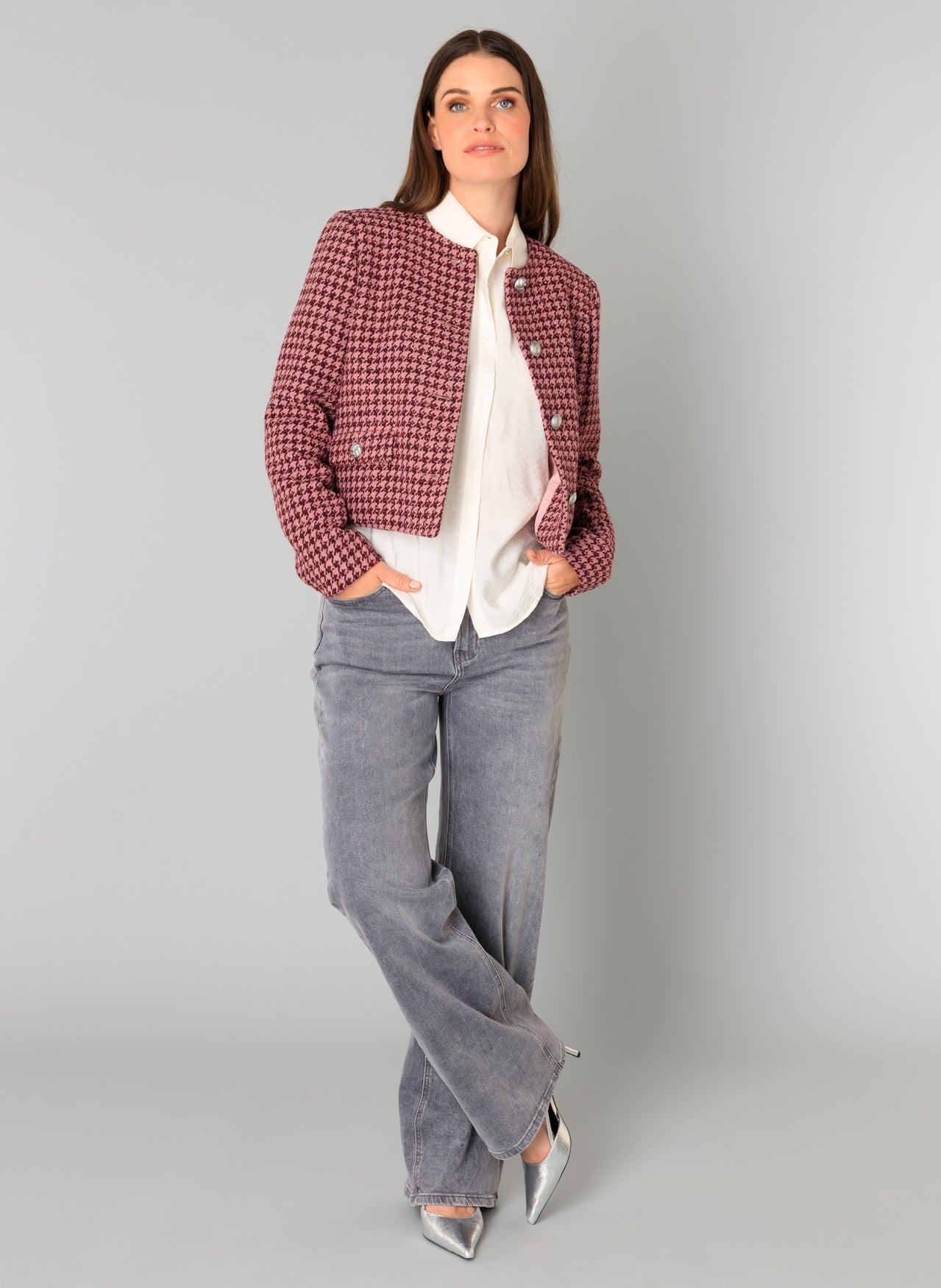 Yest blazer roze pied de poule met lurex model Blanid dark rose