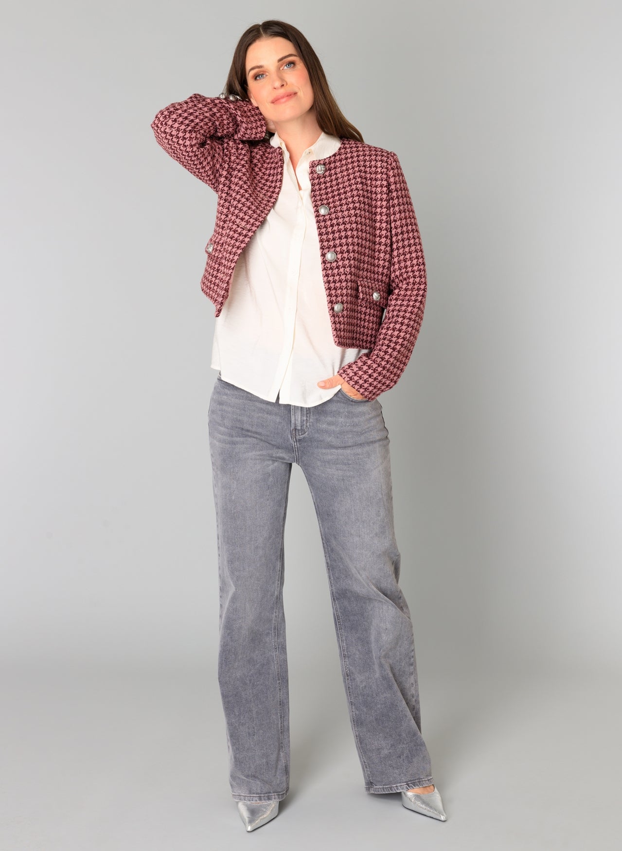 Yest blazer roze pied de poule met lurex model Blanid dark rose