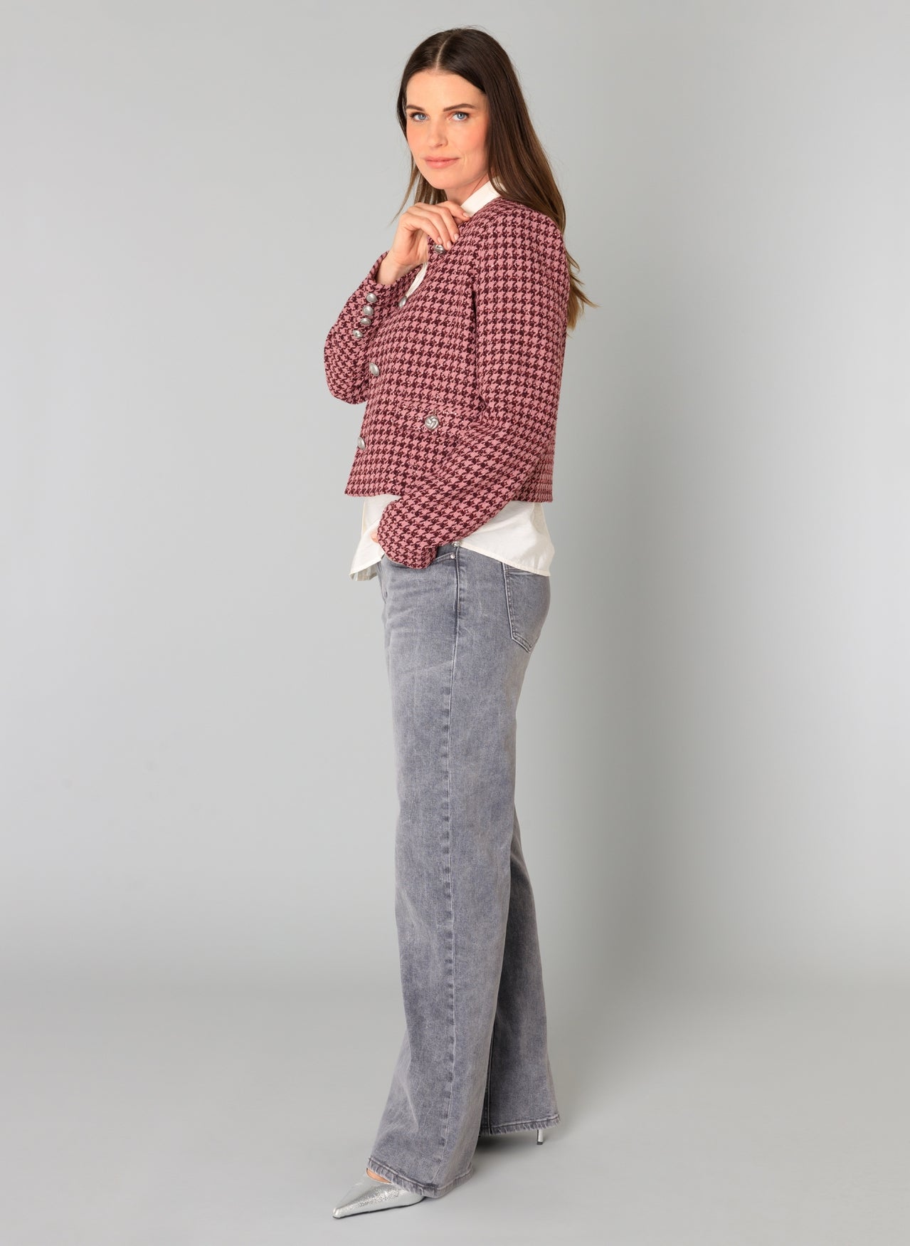 Yest blazer roze pied de poule met lurex model Blanid dark rose