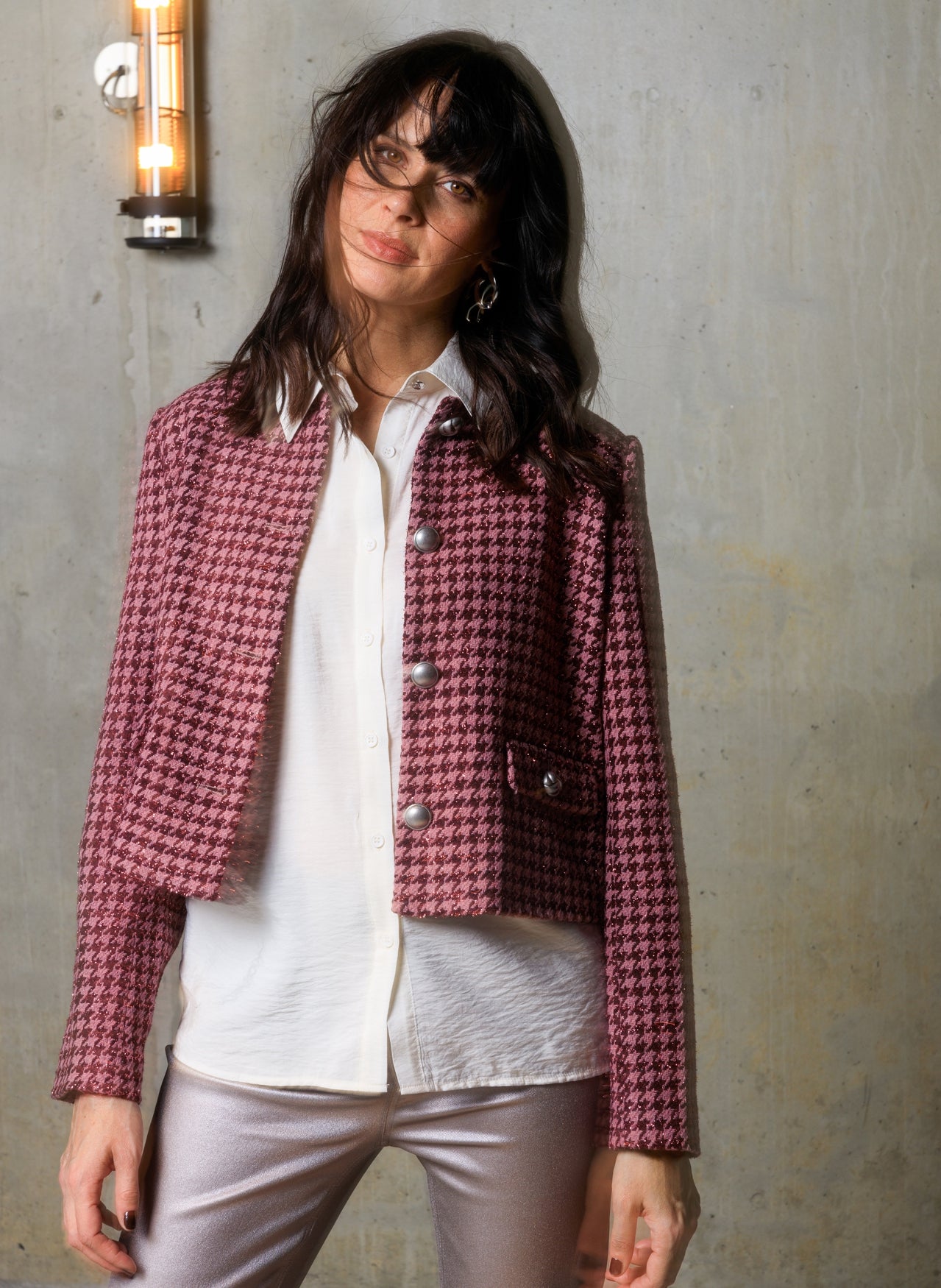 Yest blazer roze pied de poule met lurex model Blanid dark rose