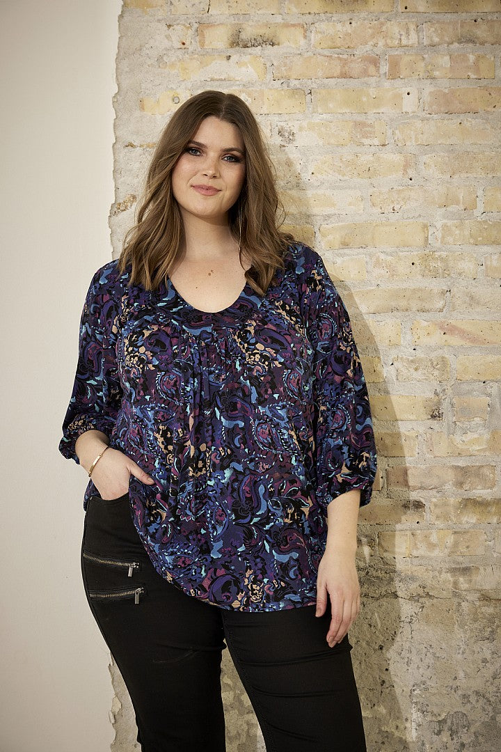 Zhenzi shirt blouse blauw paarse print model Adel 200460