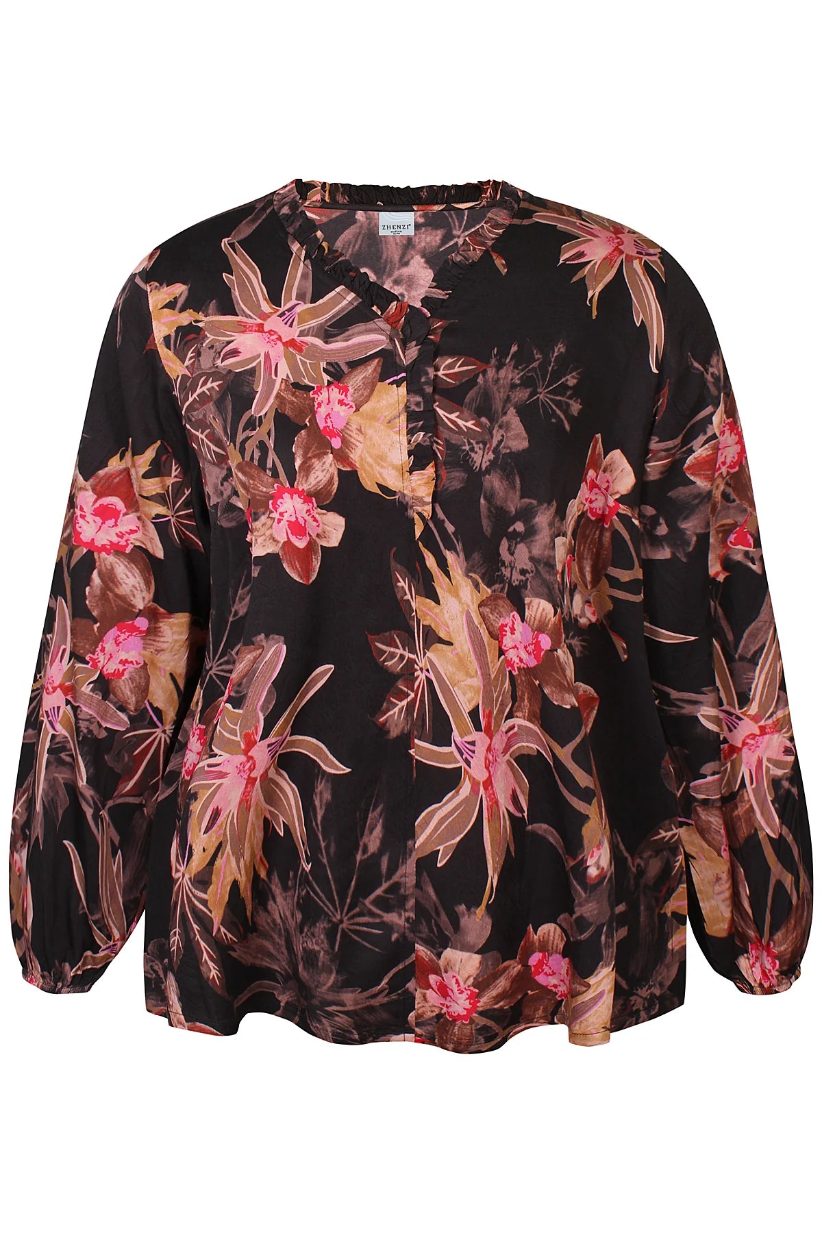 Zhenzi blouse zwart met bruin roze bloemen print model Loren 201540