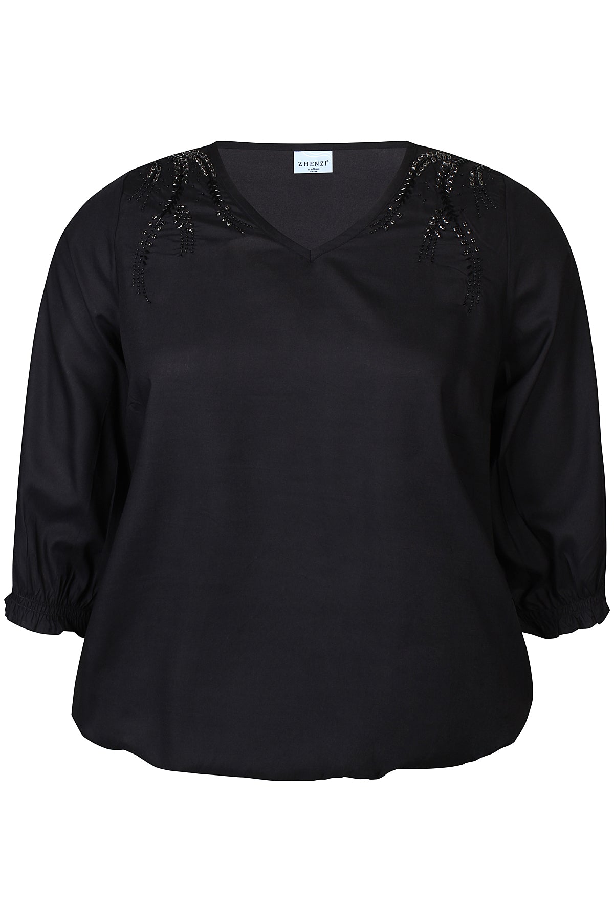 Zhenzi blouse zwart met kraaltjes detail mode Vada driekwart mouw