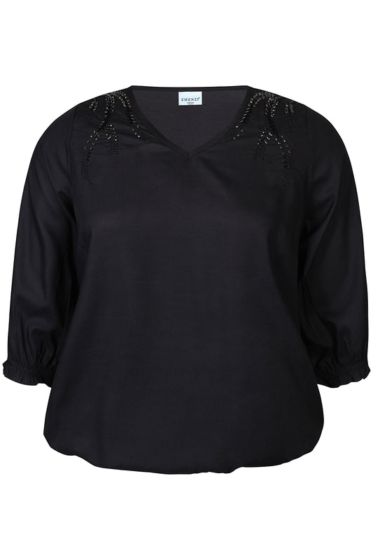 Zhenzi blouse zwart met kraaltjes detail mode Vada driekwart mouw