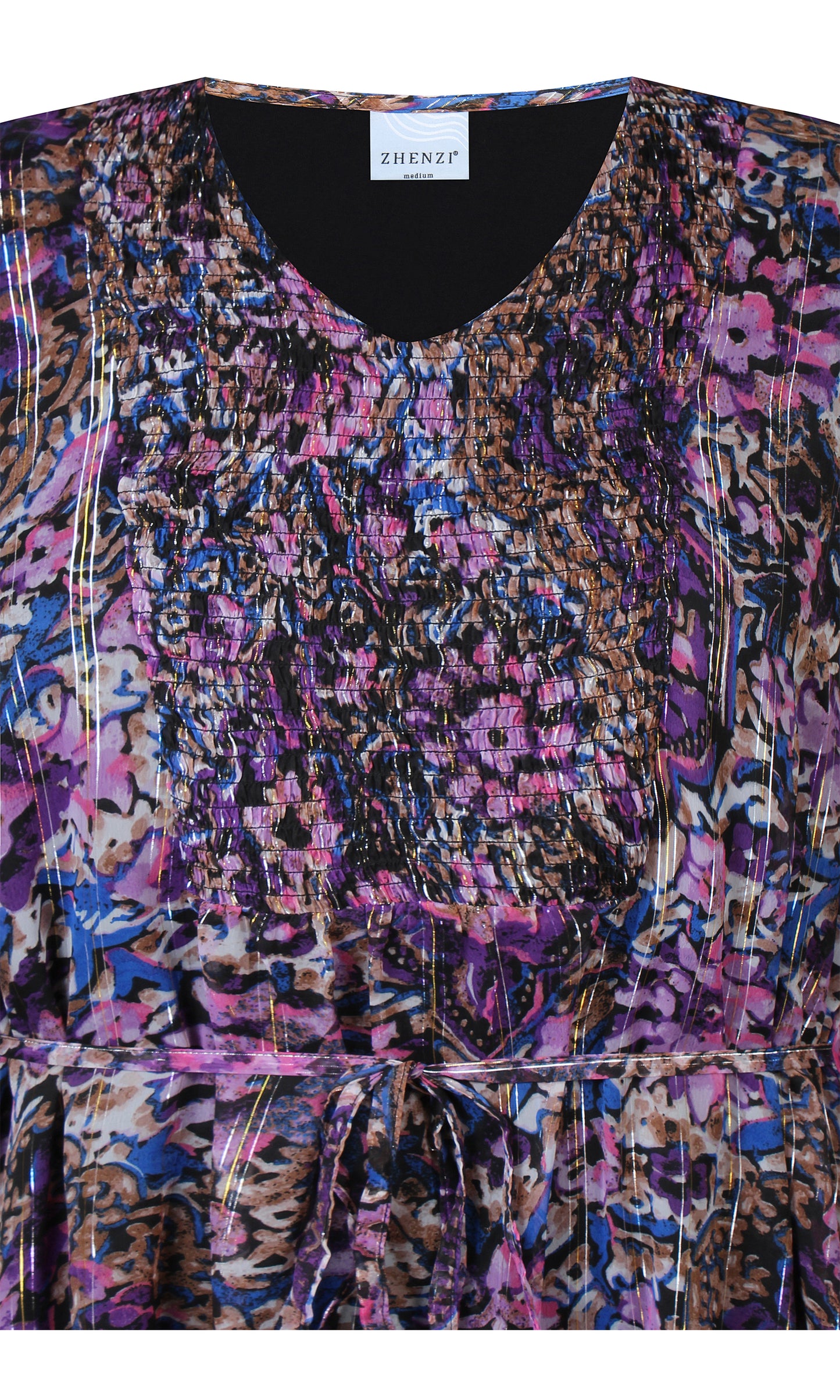 Zhenzi jurk zwart paars roze blauwe print met lurex draad model Dido 200553